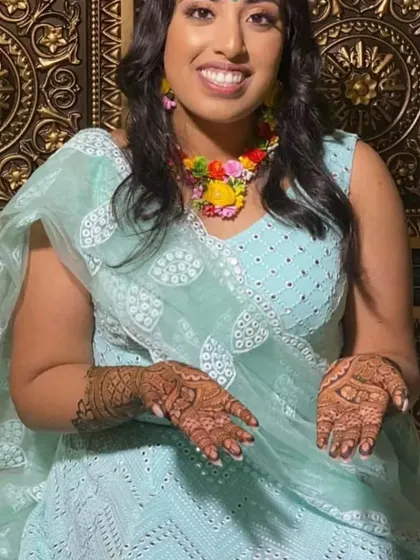 My lovely client celebrating her Mehendi ceremony in the custom mint green lehenga. The color complements the henna beautifully, and the floral jewelry completes the look perfectly.