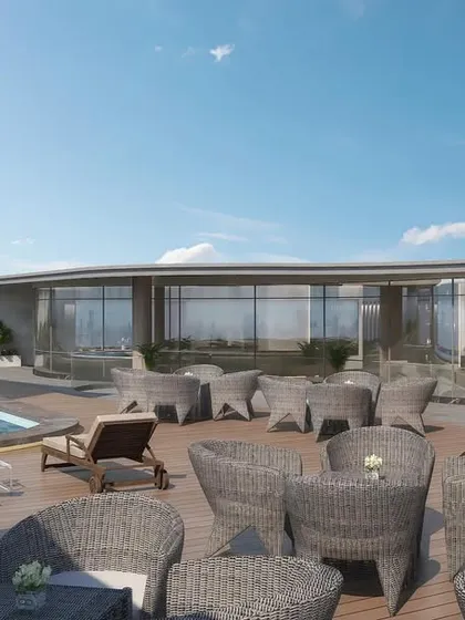 This render shows the rooftop terrace, an extension of the office designed for relaxation and events. The space includes a pool and comfortable lounge seating, offering panoramic city views and a true escape for employees.