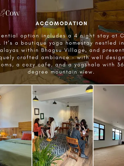 This is where you will stay during our Dharamshala retreat. The collage shows the comfortable bedroom, the cozy cafe for connecting with others, and the spacious yogshala with stunning panoramic mountain views.