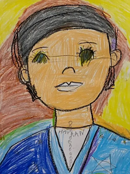 Another smashing portrait from our preschool group. We guide them to observe details like eyes, nose, and mouth and translate them onto paper.