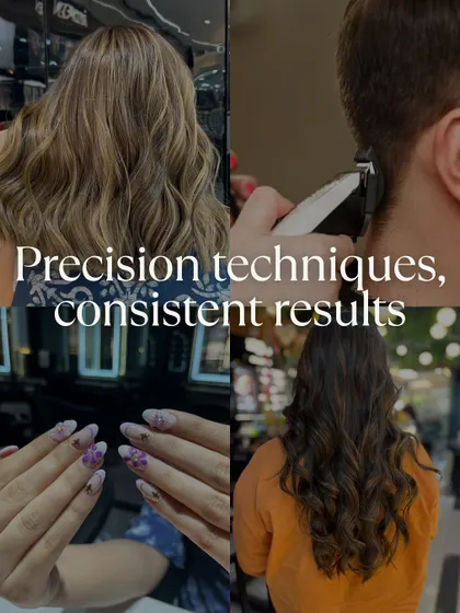 A collage showcasing what makes clients choose SYNK: precision techniques, consistent results, and a wide range of services from hair to nails.