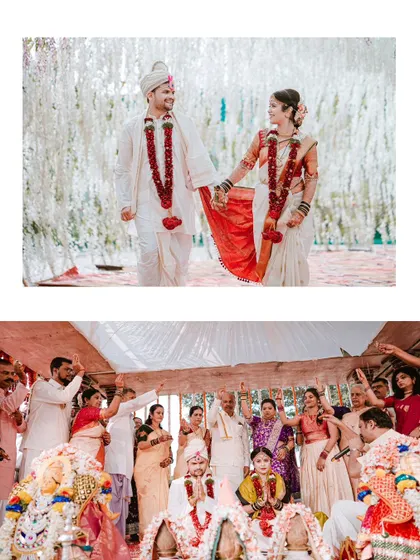 A collage showing the couple's first walk as husband and wife and the lively Akshata ceremony, full of blessings and joy.