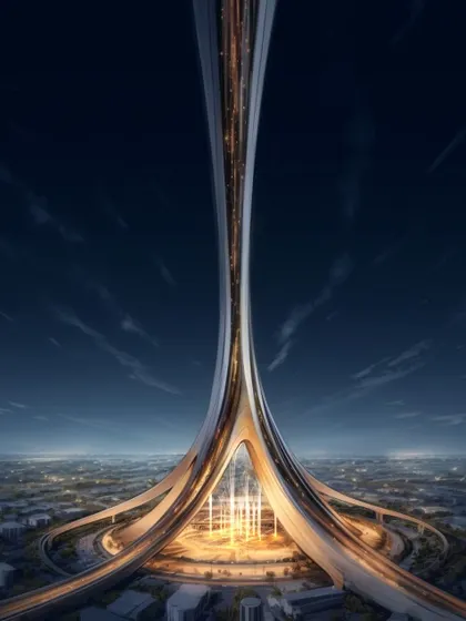 Our conceptual design for the "Vegas Meets the World" metaverse project. The Meta Tower acts as a beacon of unity, with interwoven lines representing global cultures converging in a dynamic virtual space, showcasing our exploration of architecture's future in the digital realm.