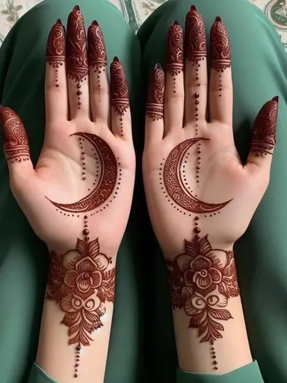 This symmetrical design features bold crescent moons on both palms, with floral wristbands and detailed fingertips. The rich stain is guaranteed with my natural henna.