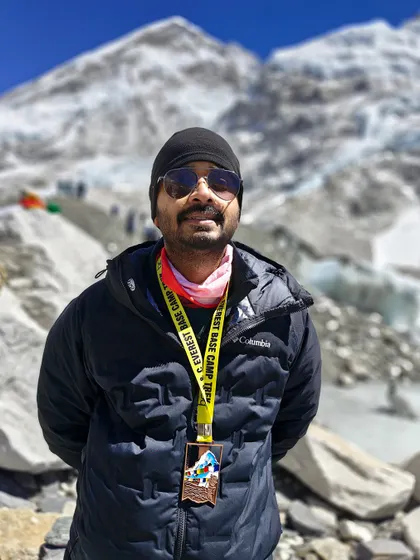 Another happy climber at Everest Base Camp. Our treks are designed to help people of all ages and backgrounds achieve their dream of reaching the foot of Mt. Everest.
