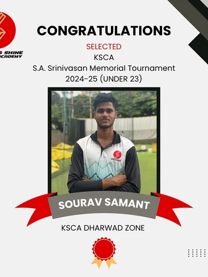 Congratulations to Sourav Samant on his selection to the KSCA Under 23 Zonals for Dharwad Zone. A testament to his dedication and passion.