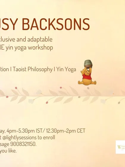 An online workshop announcement for "Busy Backsons," for those who feel caught up in the rush of life. This is a pay-as-you-like session to help you find stillness.