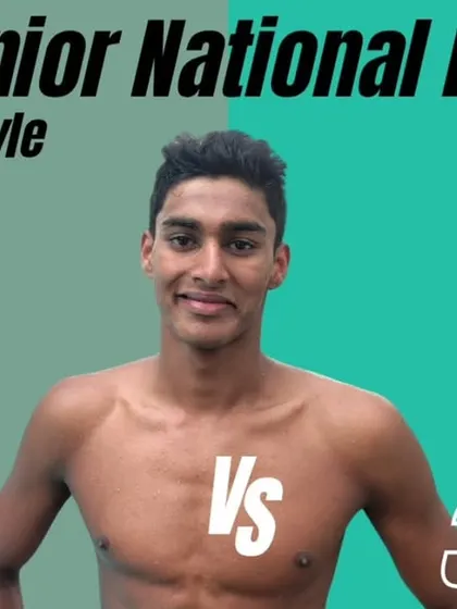 A graphic celebrating Dhakshan S setting a new Junior National Record in the 400m Freestyle.