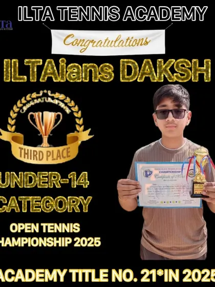 Celebrating Daksh's third-place finish in the Under-14 category at the Open Tennis Championship. Consistent performance in tournaments is a key goal for our players.