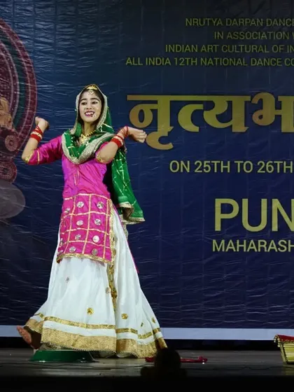 A series of photos from a Gidha performance at a national competition in Pune, showcasing the colorful costumes and lively spirit of this Punjabi folk dance.