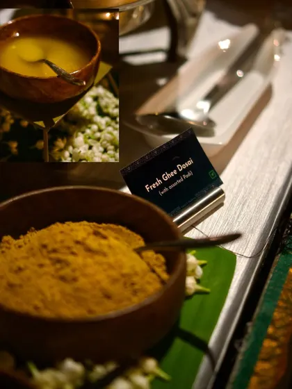 A collage showing some of the ingredients and dishes from the Chettinad Diwali event, including fresh ghee dosai and various podis.