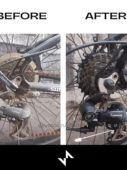 The rear cassette and derailleur on this Kross bike were completely rusted. We performed a deep clean and hot water wash, installed new bearings, and tuned the gears for a smooth ride.