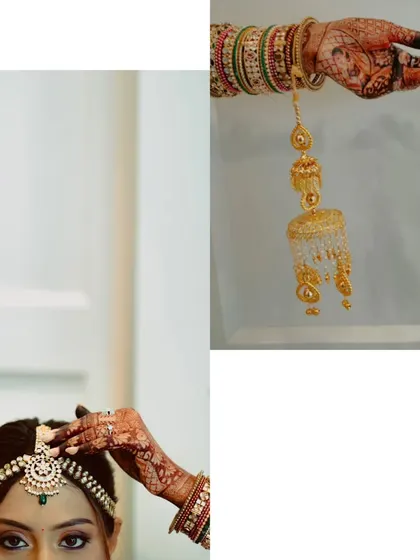 A detail shot collage, focusing on the bride's hands, her intricate matha patti, and her kalire.