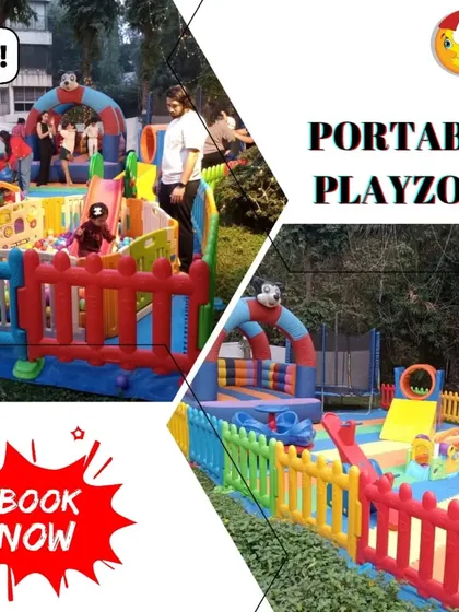 This collage shows two views of the same outdoor setup, highlighting the bouncy castle and the enclosed ball pit area. It's a great example of how I can create different zones of play within one larger setup.