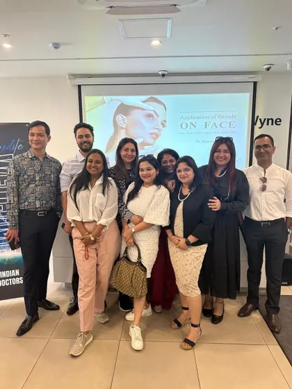 A group photo from the advanced threads workshop at Wyne Plastic Surgery Clinic in Seoul. Collaborative learning with international peers is essential for staying at the top of the aesthetic dermatology field.