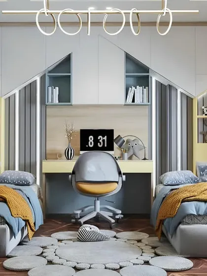 A modern and playful shared bedroom with house-shaped headboards and a central desk. The grey and yellow color scheme is fun and contemporary.
