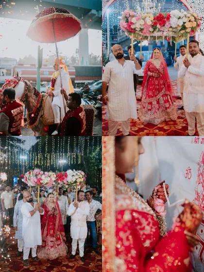 A collage capturing the groom's entrance on a horse (Baraat) and the bride's entry for a traditional wedding.