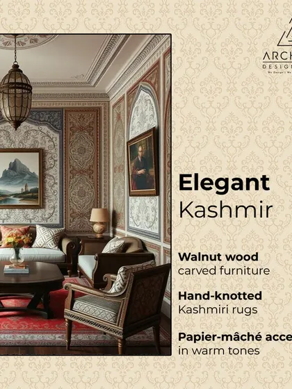An interior inspired by the soulful elegance of Kashmir. The design features walnut wood carved furniture, hand-knotted Kashmiri rugs, and warm papier-mâché accents.