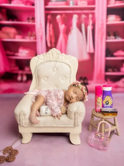 This shot shows the full Barbie dream closet setup, complete with tiny props like a milk bottle and cookies for a playful touch.