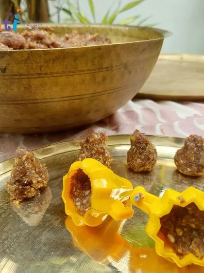 A close-up of the healthy, delicious modaks made by our children using dates and nuts. We focus on nutritious recipes in our cooking activities.