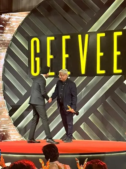 A closer shot of our team accepting the Gold Award at The GeeVees Awards. This recognition is a testament to our team's brilliant efforts and our firm's dedication to excellence in healthcare design.
