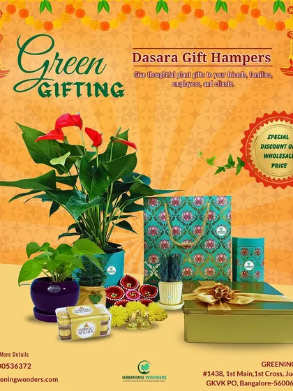 A Dasara gift hamper designed for corporate and bulk gifting. This festive package includes plants, sweets, and other traditional items in a beautiful gift box.