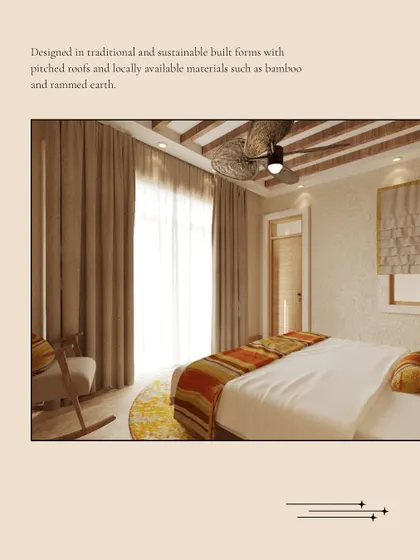 A detailed look at the bedroom in Dev Villas, designed with traditional and sustainable forms. The text highlights the use of pitched roofs and locally available materials like bamboo.
