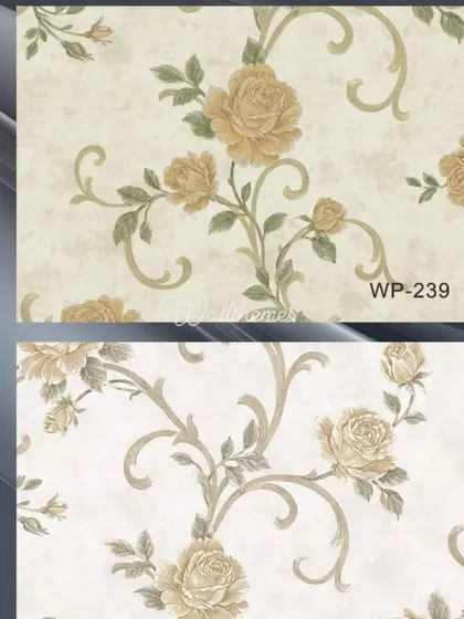 Two color options for a classic wallpaper with climbing yellow roses.
