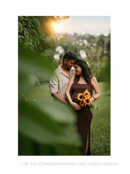 A sun-kissed portrait of a couple in a beautiful garden setting, holding sunflowers that add a touch of warmth and happiness.