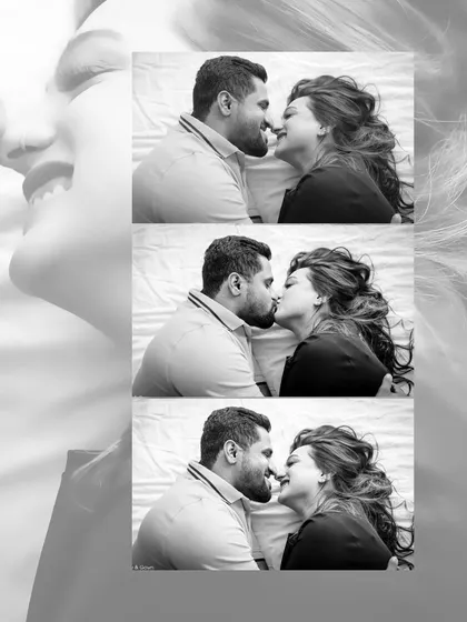 A playful and intimate black and white collage from a pre-wedding shoot. The overhead shots of the couple kissing and laughing on a bed are fun, modern, and full of personality.