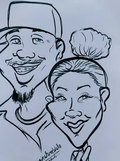 This couple caricature shows how I can blend two people into one cohesive and fun artwork.