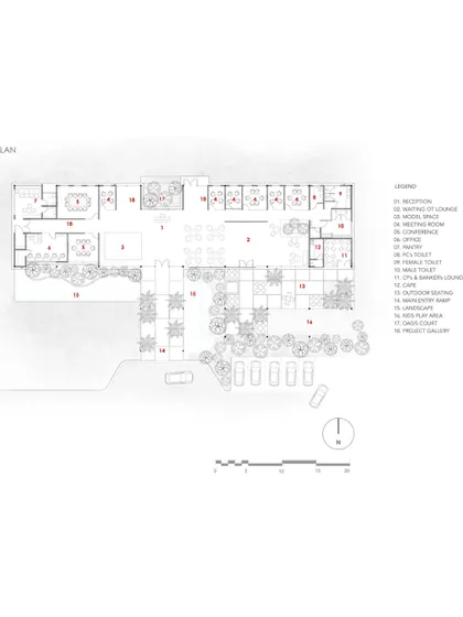 The overall site plan for Brigade Oasis, showing the layout of the reception, offices, cafe, and outdoor areas. The plan highlights the importance of landscape and circulation in creating a cohesive visitor experience.