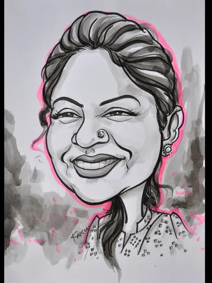 A finished portrait with a pop of pink. This is the quality of work guests can expect when they visit my stall at places like Dilli Haat or other corporate events.