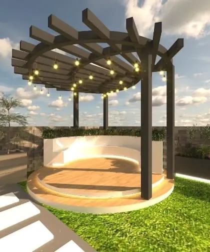 A concept for a circular gazebo with built-in seating. The structure is illuminated with string lights, creating a perfect spot for evening conversations.