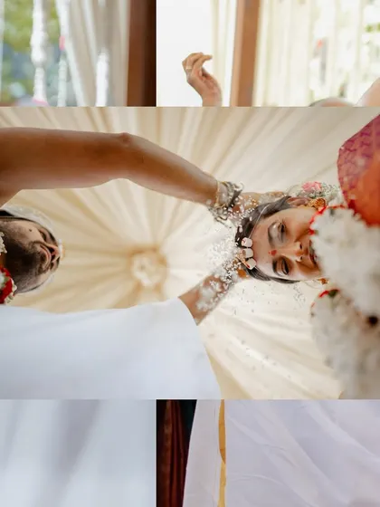 An artistic, low-angle shot of the Akshata, or rice showering ritual. This creative perspective makes the moment feel even more special and blessed.