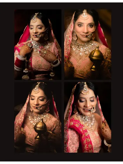 A four-part collage of the bride's portraits, capturing her expressions as she holds a traditional object, all set against a dramatic dark background.
