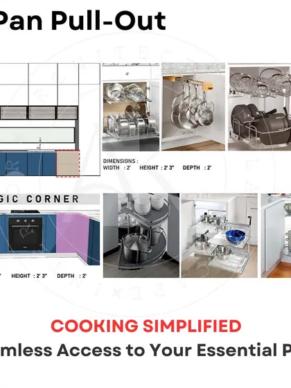 Next up are pan pull-outs and magic corners. These clever solutions make the most of hard-to-reach corner cabinets, bringing your pots, pans, and other cookware out to you for seamless access.
