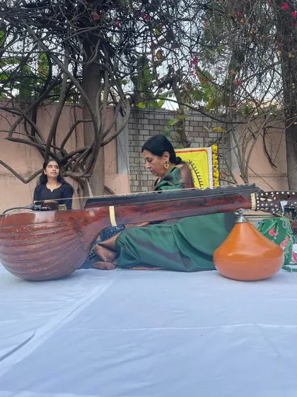 Performing with my veena at an outdoor SPIC MACAY concert at Christ University. These events for students are informal, energetic, and a wonderful way to connect with the youth.