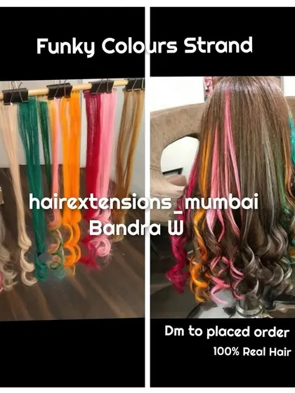 We can create any look with our custom coloring services. This image showcases our funky single clip strands, perfect for adding a pop of color, and a full head of multi-tonal extensions, all using 100% real hair.
