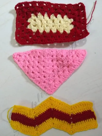 A few sample swatches demonstrating different crochet techniques, such as creating rectangles, triangles, and chevron patterns.