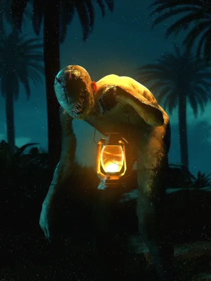 A creature design for one of the island's inhabitants, a twisted version of a sea god. I modeled this character with a disfigured face and a lantern fused to its body, wandering the tropical parts of the island.