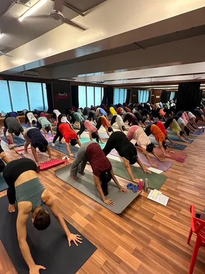 A room full of practitioners in Adho Mukha Svanasana (Downward-Facing Dog).