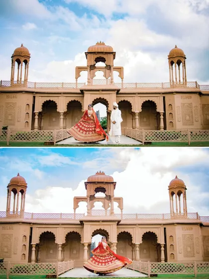 A playful and royal portrait, with the bride twirling her lehenga in front of the magnificent building. It combines tradition with a fun, modern sensibility.