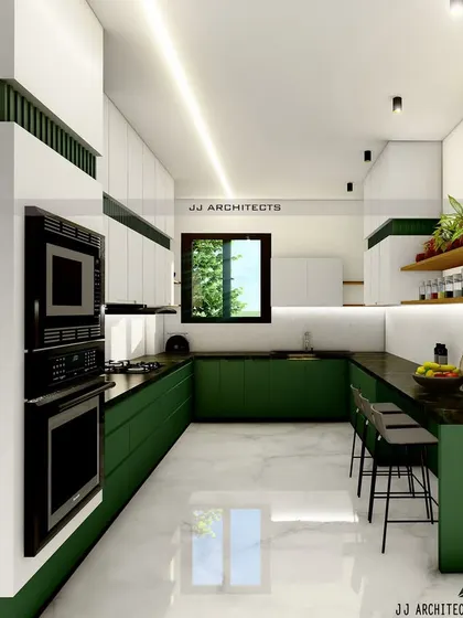 A 3D visualization of a modern U-shaped kitchen for a duplex project in Faridabad. We designed this with a focus on functionality, incorporating built-in appliances, ample storage, and a breakfast counter, all tied together with a bold green and white color scheme.