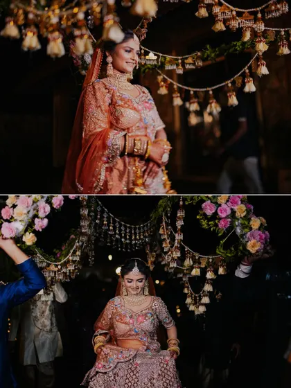 A collage capturing Sonali's grand bridal entry. The shots of her walking under the beautifully decorated "phoolon ki chadar" are both traditional and cinematic.
