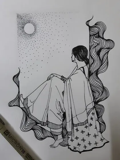 An evocative line art illustration of a woman in a saree looking out at the moon. The flowing lines of her hair and the stippled texture of the night sky create a feeling of quiet contemplation.