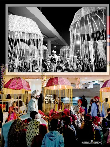 A collage capturing the grandeur of the groom's Baraat procession on a horse-drawn carriage.