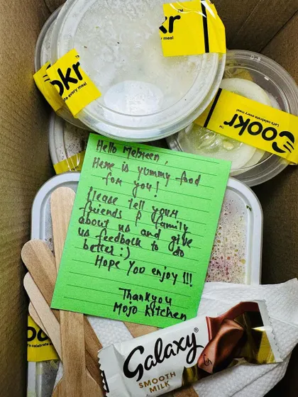 This was the note I sent with my very first order. It is a reminder of my commitment to cooking with love and care, and to always listen to my customers to make my food even better.
