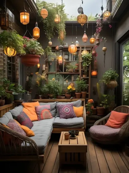 A bohemian-style enclosed balcony or sunroom. I used a variety of hanging lanterns, lots of plants, and comfortable, low seating to create a relaxed and eclectic vibe.