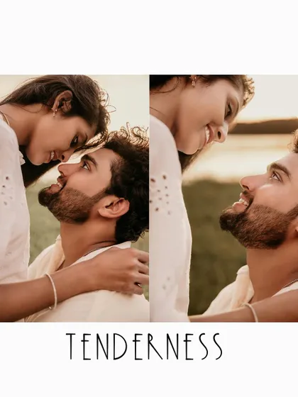 A diptych of intimate close-ups, captioned "Tenderness," highlighting the couple's gentle affection.